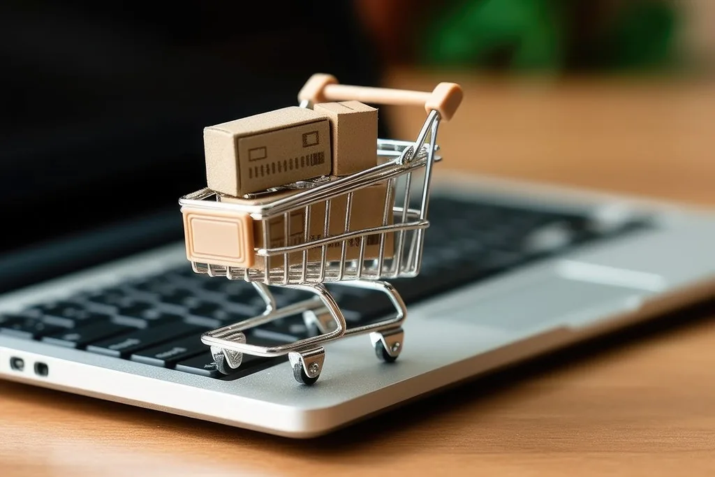 Carrinho de compras com caixas sobre o teclado do notebook