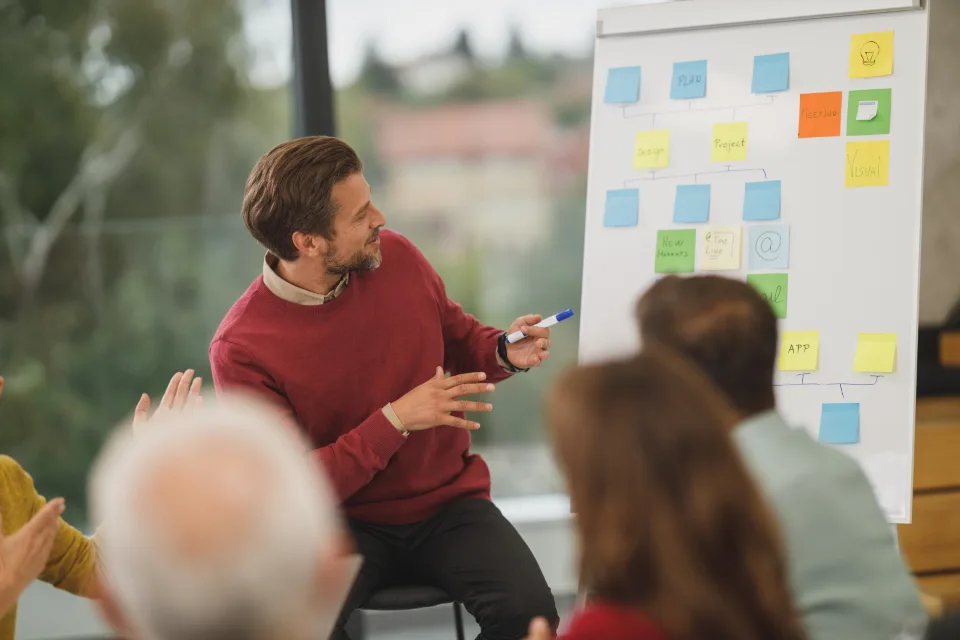 Executivo apresentando um quadro de post-its para um pequeno grupo sentado
