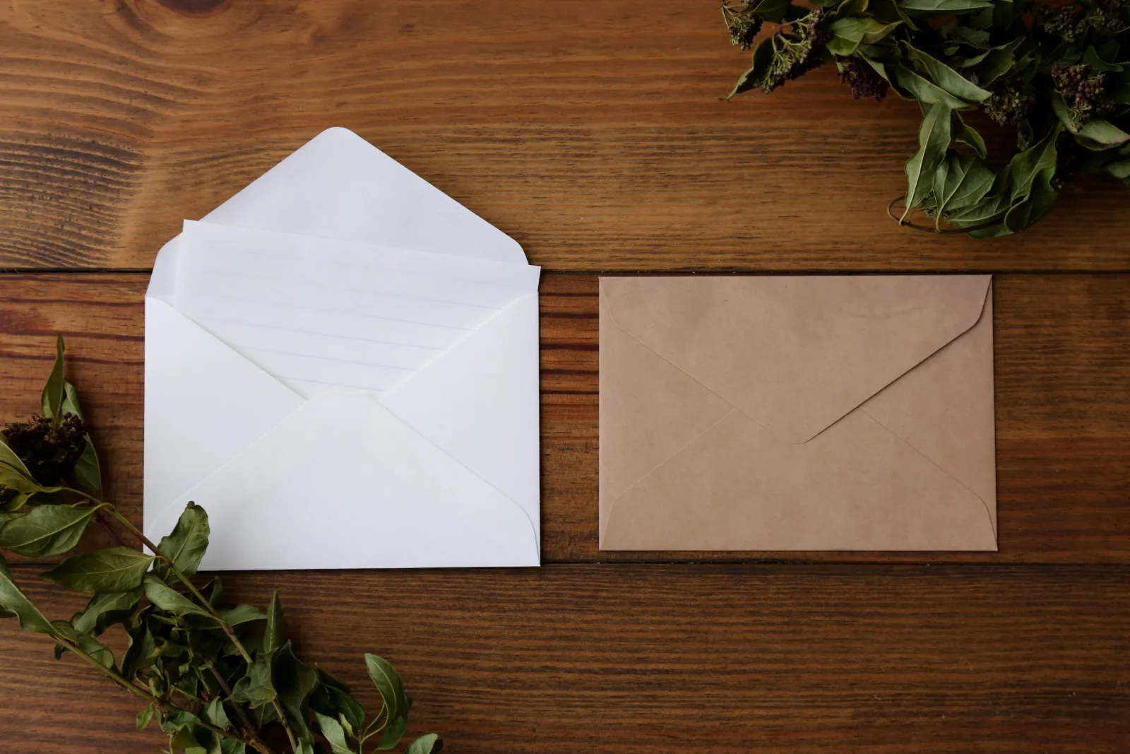 Dois envelopes, um branco aberto e um pardo, sobre mesa de madeira com folhagens